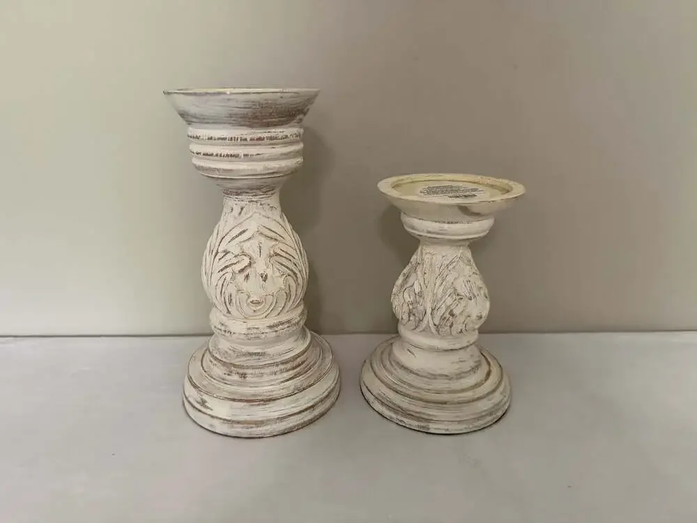 Pier 1 Imports Carved Whitewashed Wood Pillar Candle Holders Set of 2